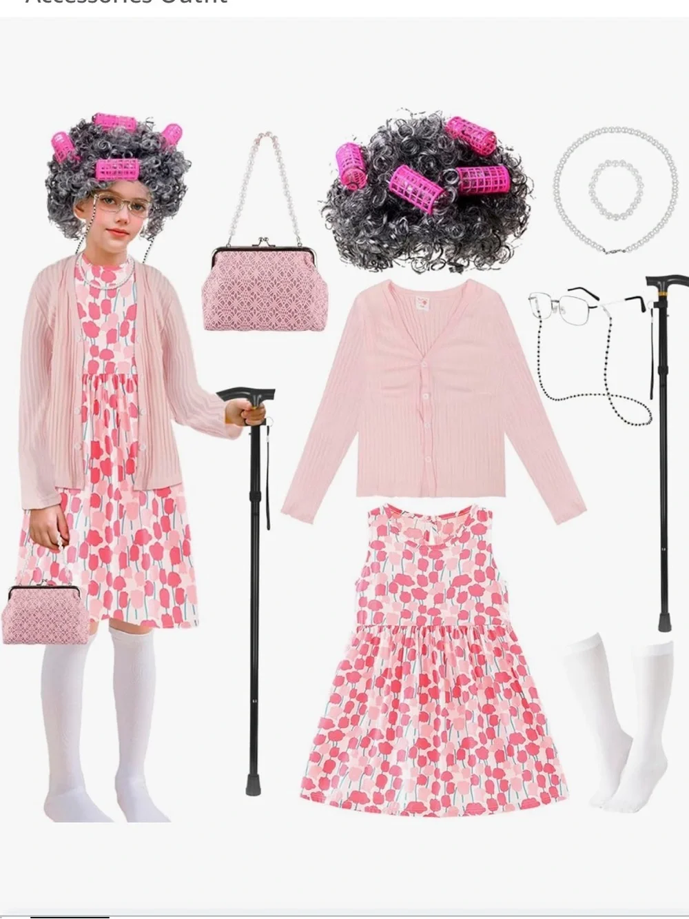 NWT Girls' Pink Old Lady Costume Set for 100th Day of School size 4-6 Years